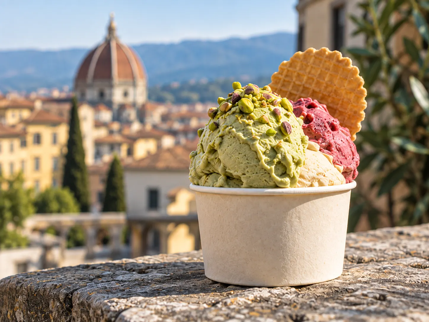 Pistachio and raspberry gelato overlooking the Florence skyline